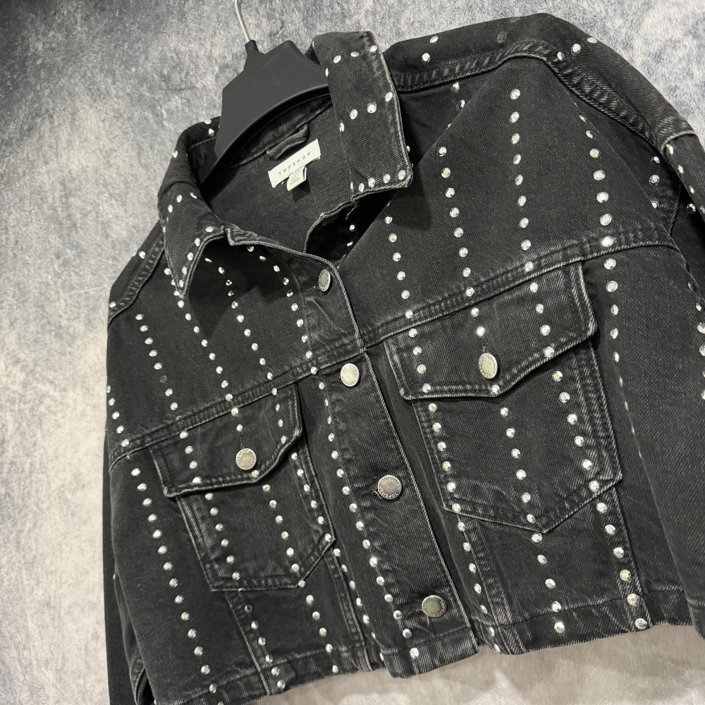 Topshop Womens US 6 Black Studded Cropped Denim Jacket Silver Rhinestone Trucker
